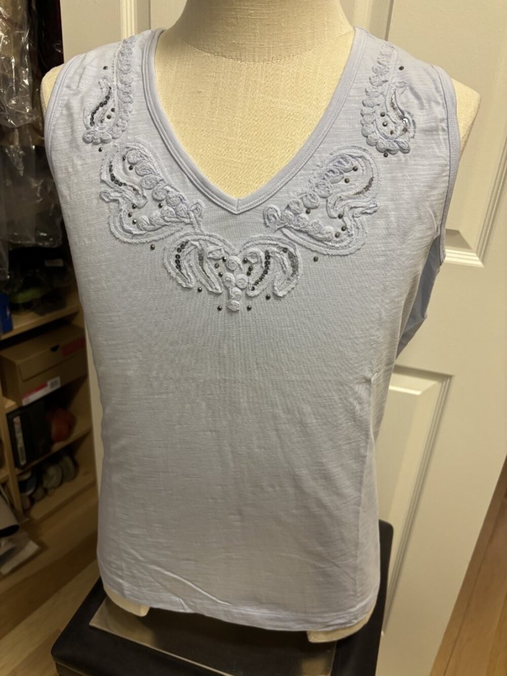 light blue, vneck paisley trimmed tank